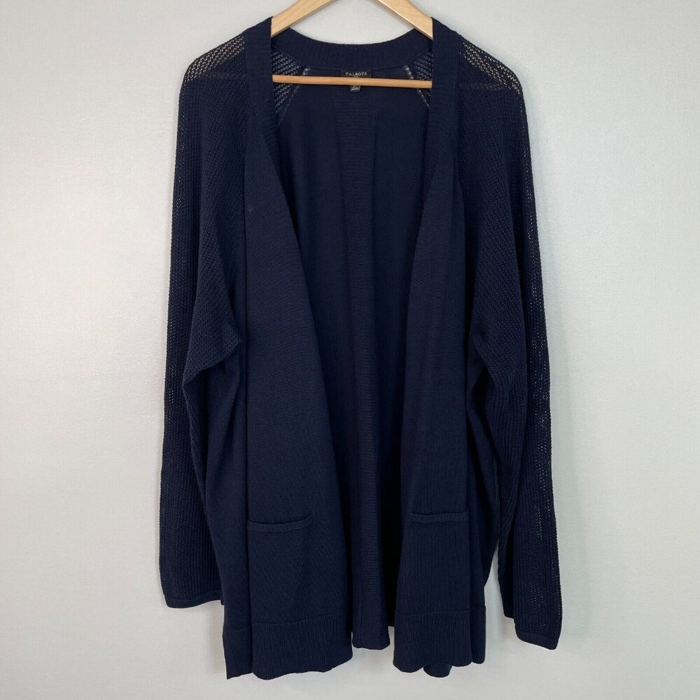 Talbots Cardigan 3X Navy Blue Open-Front Pockets Pima Cotton Sweater Women's